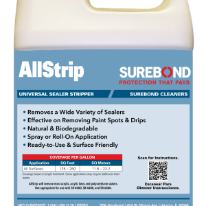 AllStrip_Gal_mockup | Concrete Sealing Ratings One-gallon white plastic bottle of AllStrip Universal Sealer Stripper by Surebond on a blue label with product name and logo.